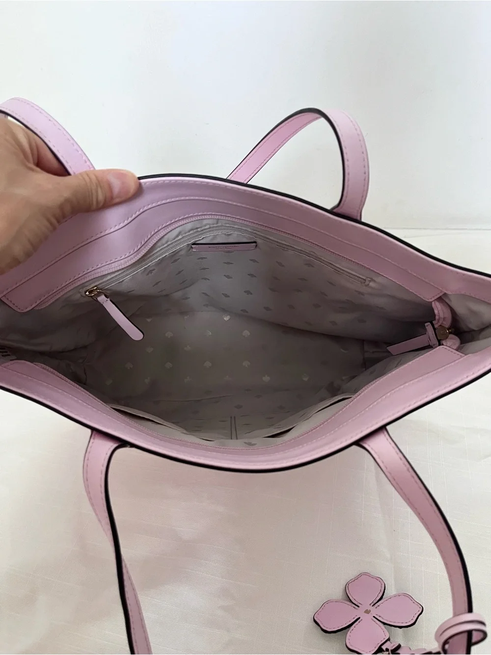 Kate Spade Kerri Medium Blossom lavender pink Tote with Rhinestone flower charm